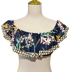 Trina Turk Fiji Off Shoulder Ruffled Bikini Top Only Size 14 New Blue Florals